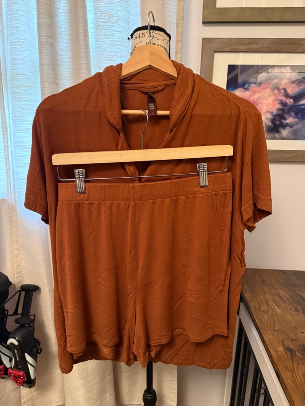 SKIMS Rust Short-Sleeve Hooded Lounge Top & Shorts Set